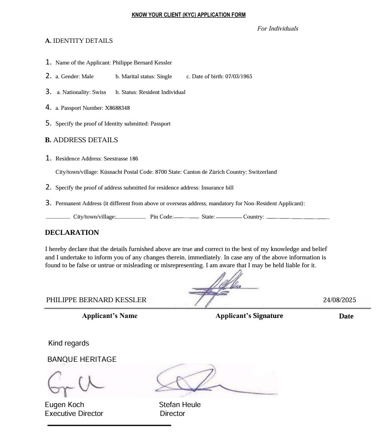 Switzerland Banque Heritage Know Your Client (KYC) Application Form